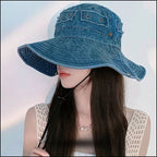 Washed Denim Outdoor Sun Hat with Strap