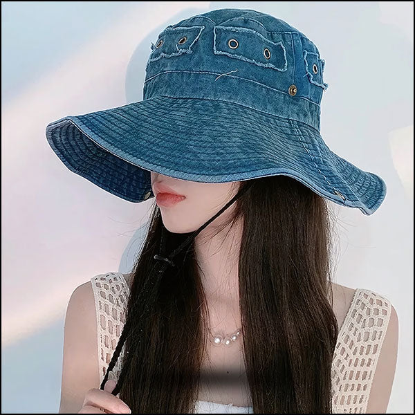 Washed Denim Outdoor Sun Hat with Strap