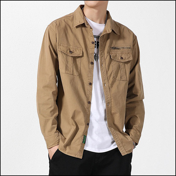 Men's Khaki Utility Long-Sleeve Shirt with Zipper Pocket