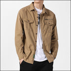 Men's Khaki Utility Long-Sleeve Shirt with Zipper Pocket