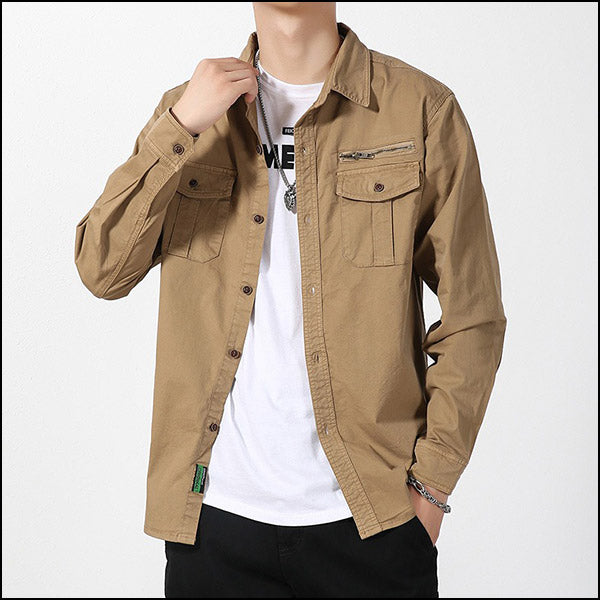Men's Khaki Utility Long-Sleeve Shirt with Zipper Pocket