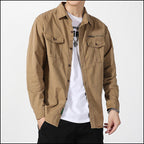 Men's Khaki Utility Long-Sleeve Shirt with Zipper Pocket