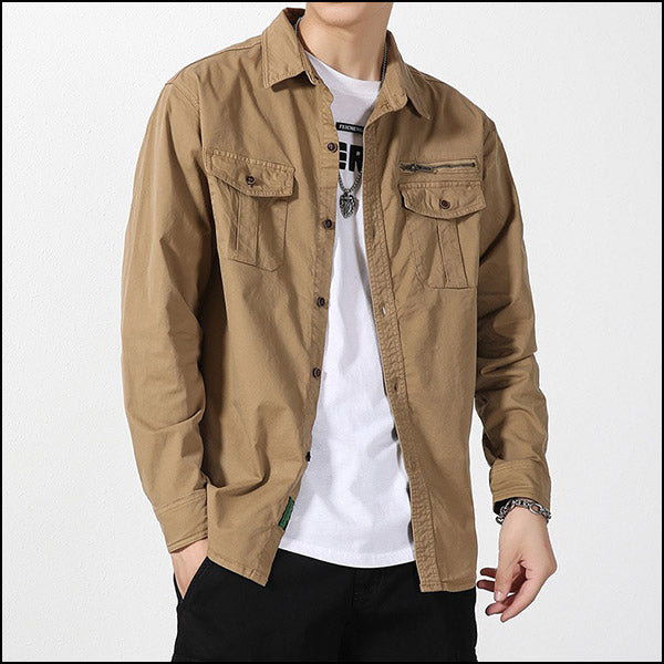 Men's Khaki Utility Long-Sleeve Shirt with Zipper Pocket