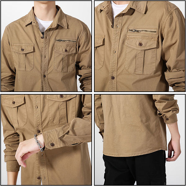 Men's Khaki Utility Long-Sleeve Shirt with Zipper Pocket