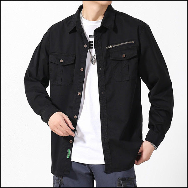 Men's Black Cargo Shirt with Zipper Chest Pocket