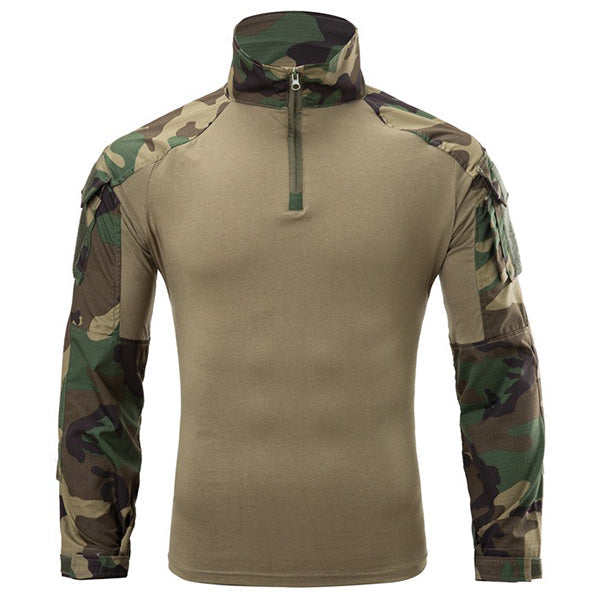 Men's Tan Tactical Shirt with Woodland Camo Sleeves