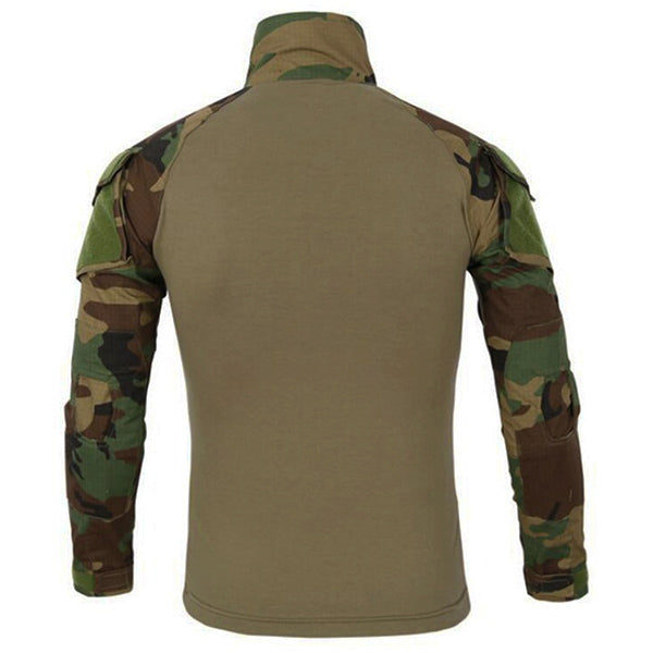 Men's Tan Tactical Shirt with Woodland Camo Sleeves