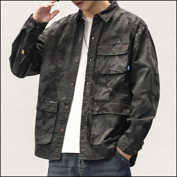 Men's Dark Camo Utility Shirt Jacket with Four Pockets