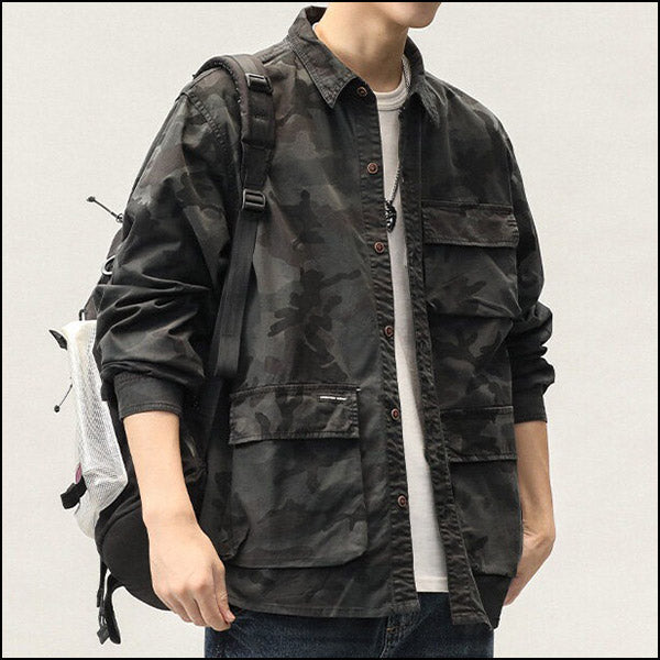 Men's Dark Camo Utility Shirt Jacket with Four Pockets