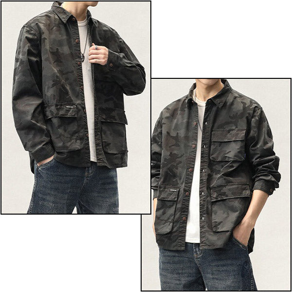 Men's Dark Camo Utility Shirt Jacket with Four Pockets