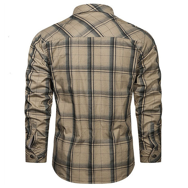 Men's Khaki Plaid Outdoor Shirt with Flap Pockets