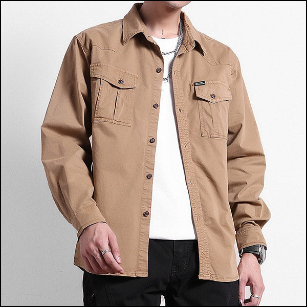 Men's Khaki Utility Button-Up Shirt with Pockets