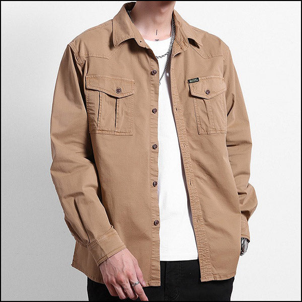 Men's Khaki Utility Button-Up Shirt with Pockets