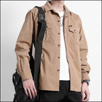 Men's Khaki Utility Button-Up Shirt with Pockets