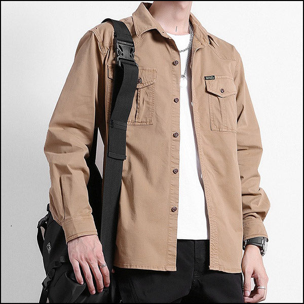 Men's Khaki Utility Button-Up Shirt with Pockets