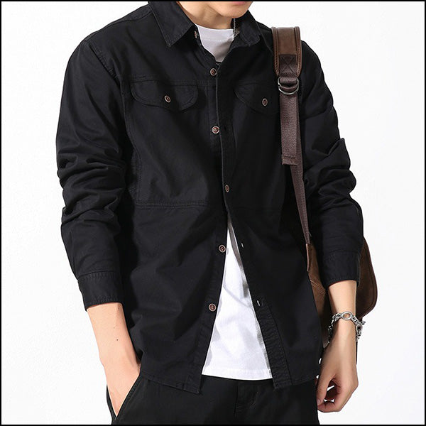 Men's Black Utility Button-Down Shirt with Pockets