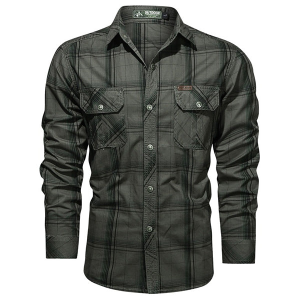 Men's Dark Grey Plaid Double Pocket Shirt