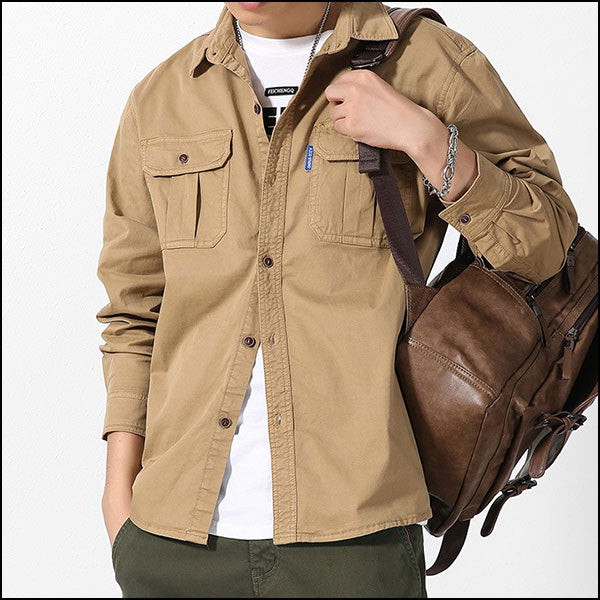Men's Khaki Utility Shirt with Dual Flap Pockets