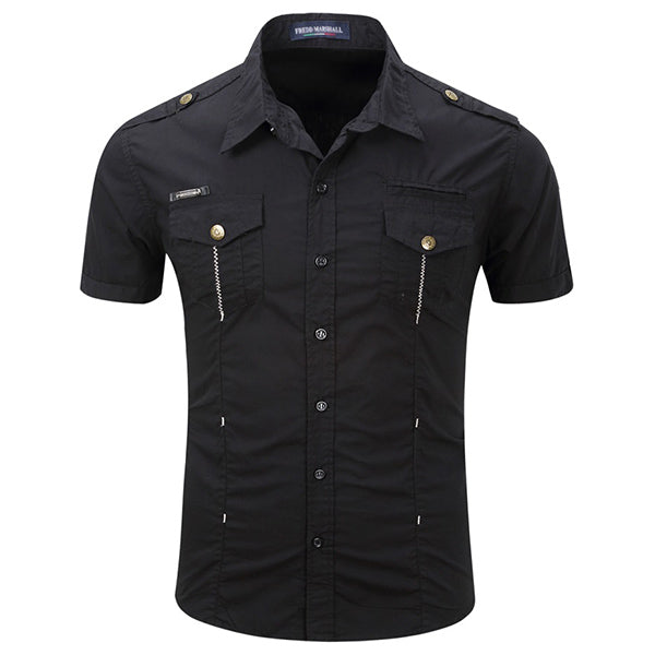 Men's Black Military Slim Fit Short Sleeve Shirt