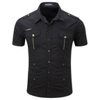 Men's Black Military Slim Fit Short Sleeve Shirt