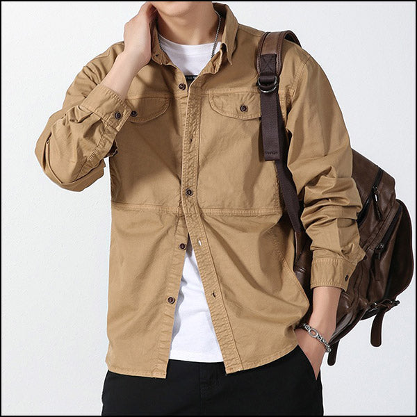Men's Khaki Cotton Utility Shirt with Flap Pockets