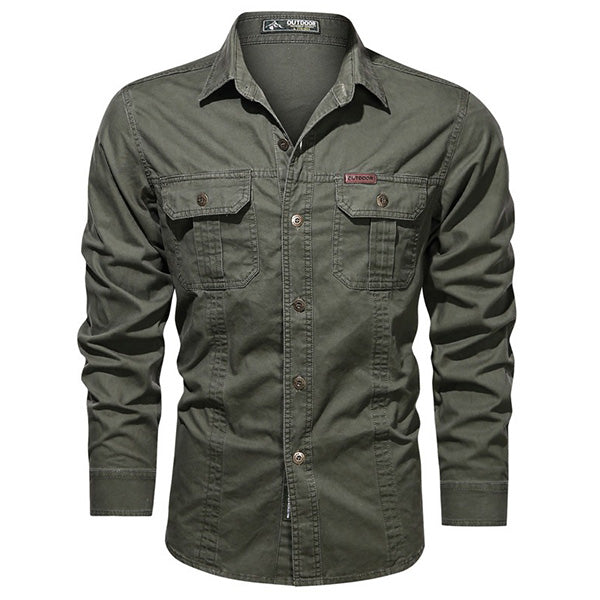 Men's Olive Green Military Cargo Long Sleeve Shirt
