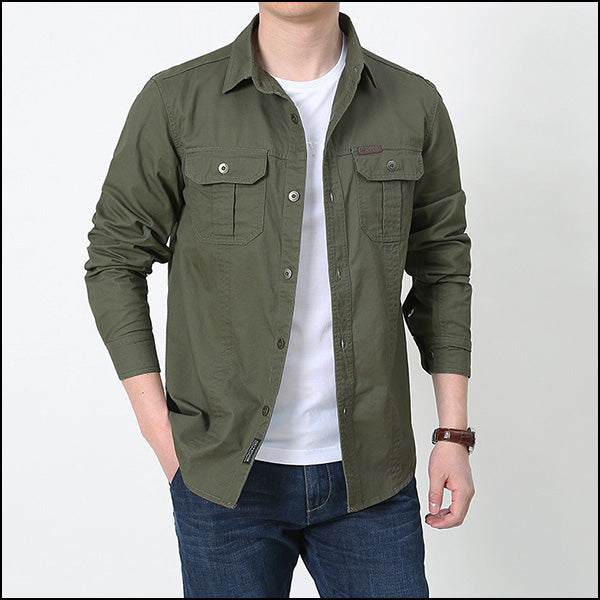 Men's Olive Green Military Cargo Long Sleeve Shirt