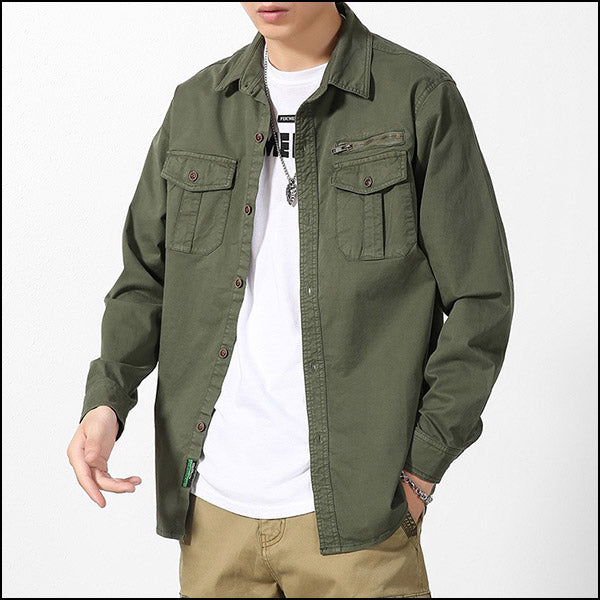 Men's Army Green Cotton Utility Shirt with Zip Pocket