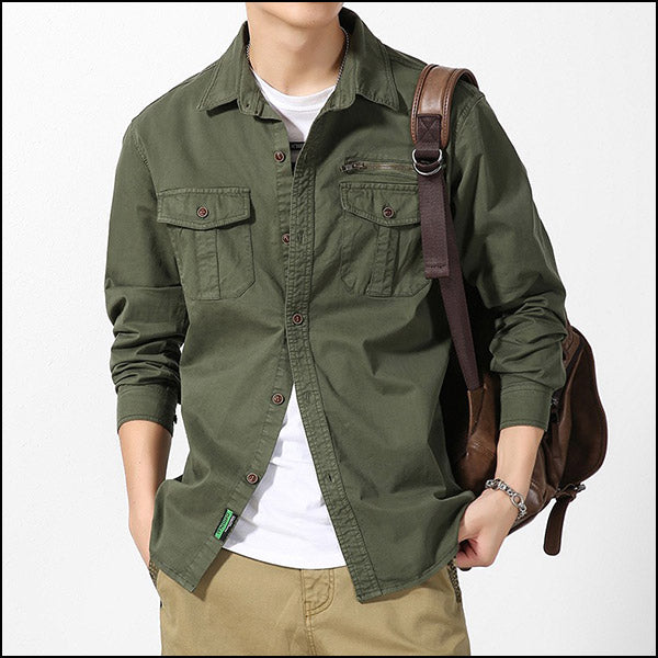 Men's Army Green Cotton Utility Shirt with Zip Pocket