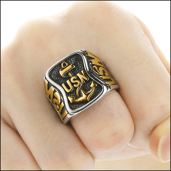 Rugged Two-Tone USN Anchor Men's Ring