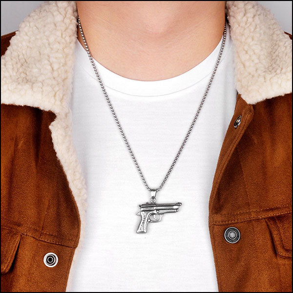 Silver Tone Detailed Pistol Pendant Necklace