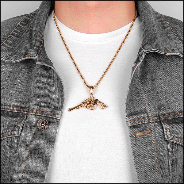 Edgy Revolver Gun Pendant Necklace, Black or Gold
