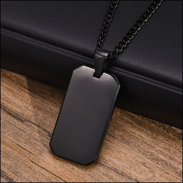 Black Metal Beveled Dog Tag Pendant Necklace