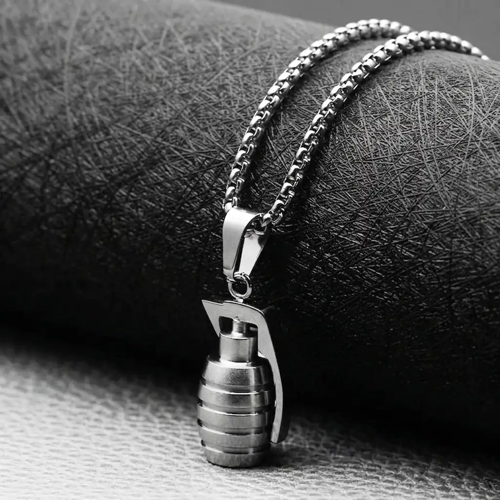 Men's Stainless Steel Grenade Pendant Necklace