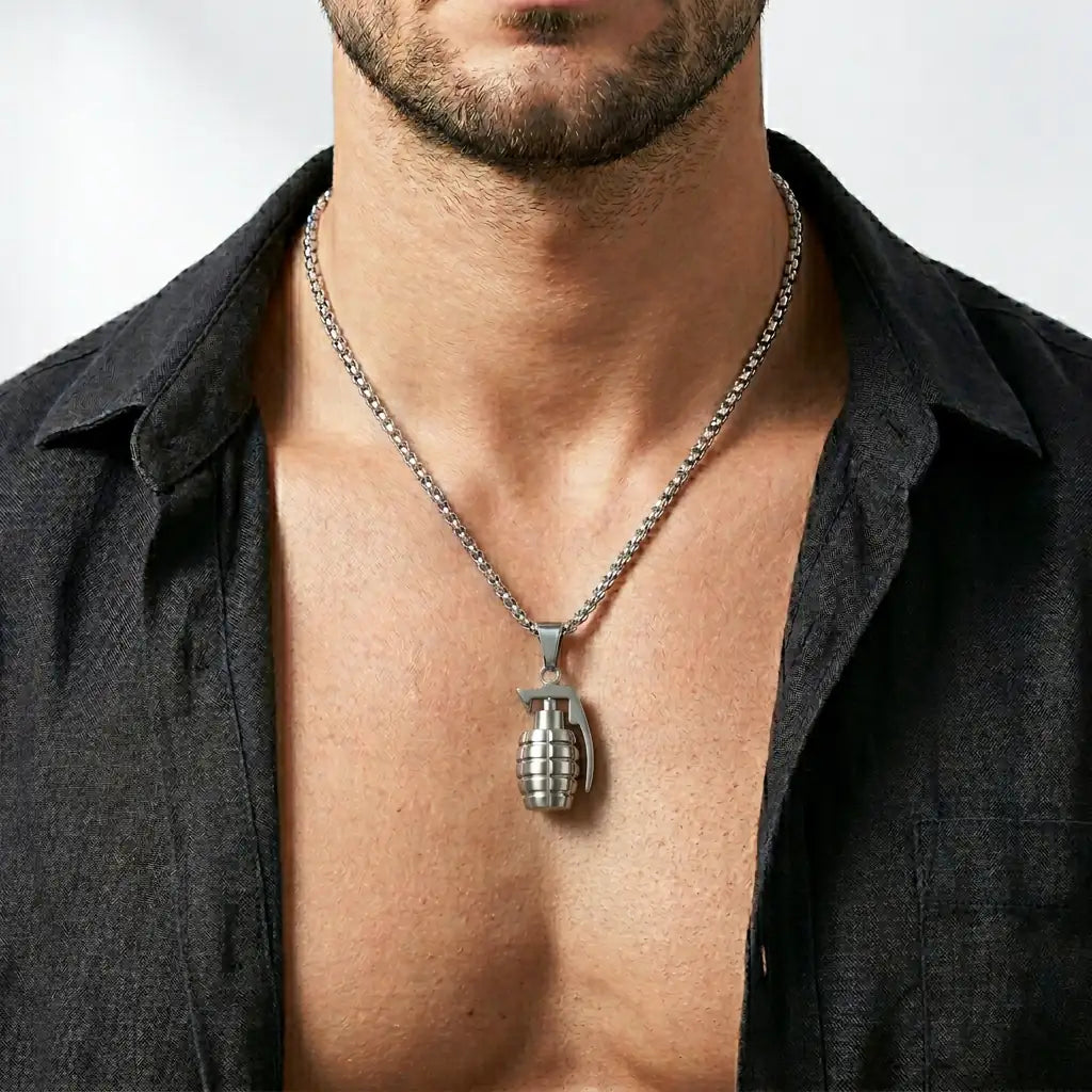 Men's Stainless Steel Grenade Pendant Necklace