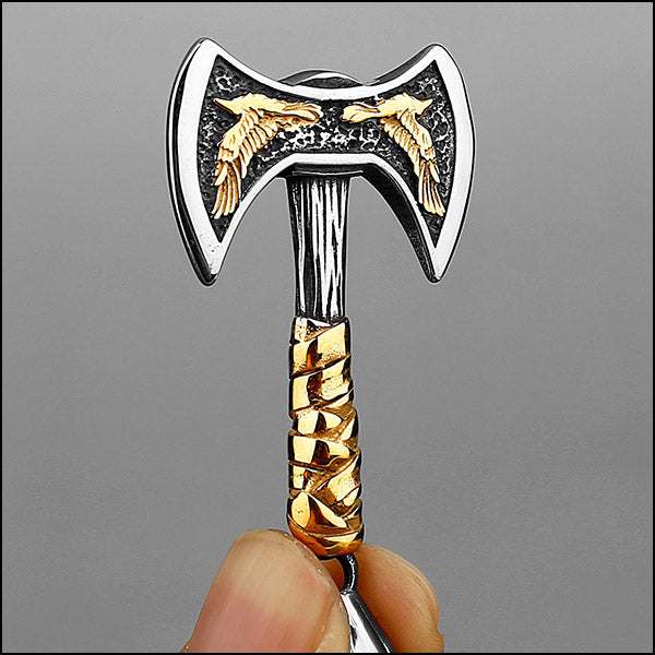 Men's Steel Double Axe Pendant with Gold Wings