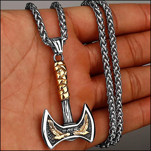 Men's Steel Double Axe Pendant with Gold Wings