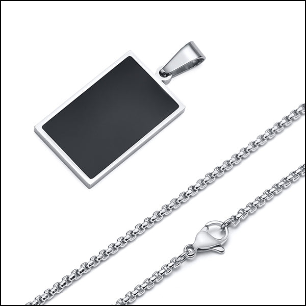 Sleek Steel Black Inlay Rectangle Pendant Necklace