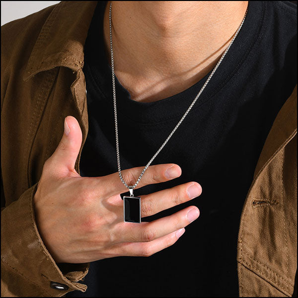 Sleek Steel Black Inlay Rectangle Pendant Necklace