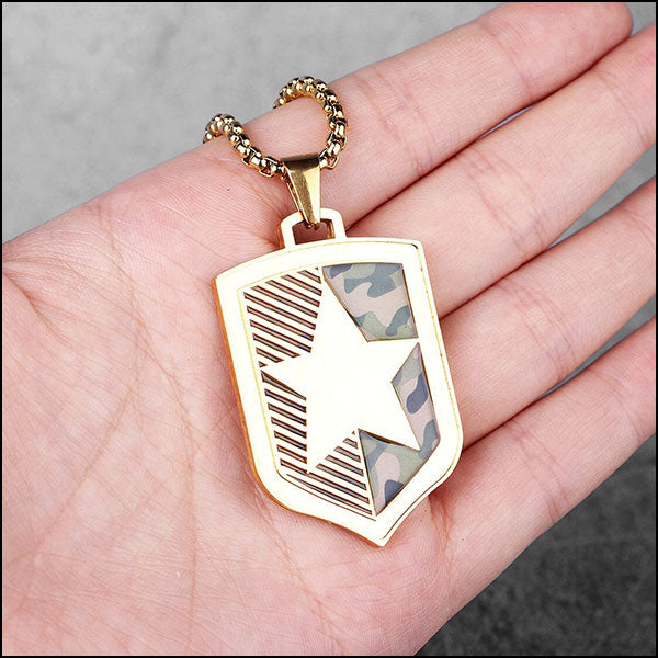 Gold-Tone Military Star Shield Pendant Necklace