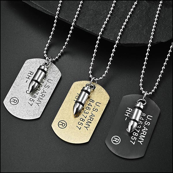 U.S. ARMY Silver Dog Tag Necklace with Bullet