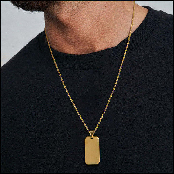 Modern Gold Tone Brushed Dog Tag Pendant Necklace