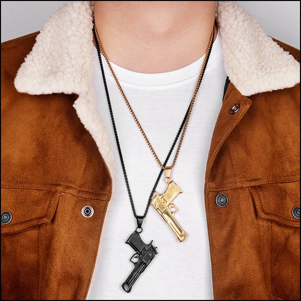 Gold-tone and Black Pistol Pendant Necklace
