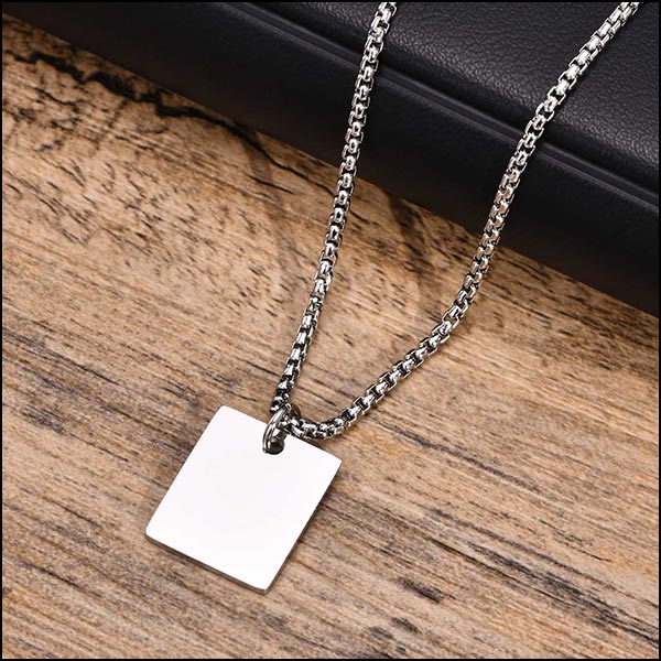 Silver Tone Stainless Steel Square Pendant Necklace
