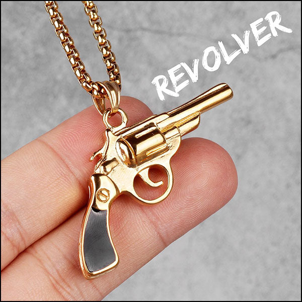 Gold Revolver Pendant Necklace with Black Grip
