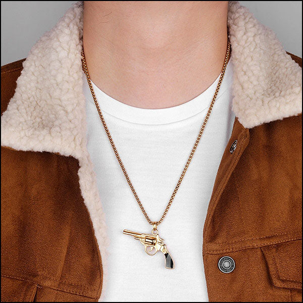 Gold Revolver Pendant Necklace with Black Grip