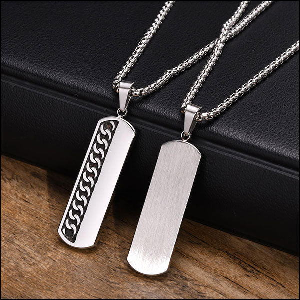 Men's Stainless Steel Dog Tag Pendant with Chain Inlay