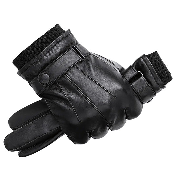 Men's Black Leather Gloves with Snap Strap and Ribbed Cuff