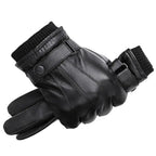 Men's Black Leather Gloves with Snap Strap and Ribbed Cuff