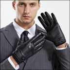 Men's Black Leather Gloves with Snap Strap and Ribbed Cuff